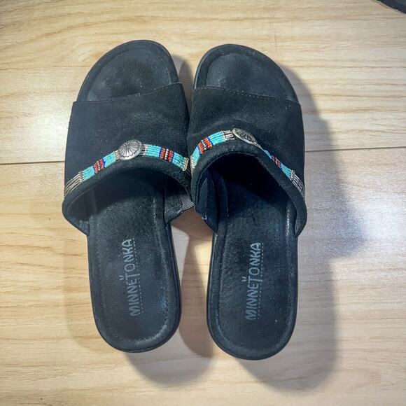 Minnetonka Beaded Suede Slide Sandals | Black Moccasin Boho Sandals | Sz 9 #5240 - Picture 1 of 4